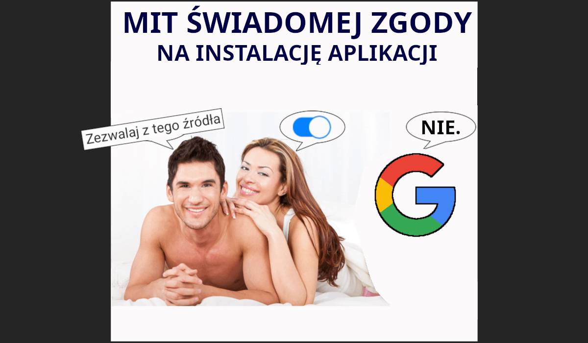 Przeróbka mema o świadomej zgodzie. Nad głową mężczyzny widać opcję „instaluj z tego źródła”, nad głową kobiety włączony pstryczek. Logo firmy Google unoszące się obok mówi „Nie”.