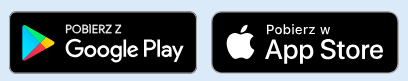 Przyciski z linkami do baz Play Store oraz App Store.