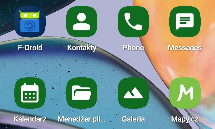Ekran główny systemu Android, na którym widać ikony ośmiu aplikacji o zielonych kolorach