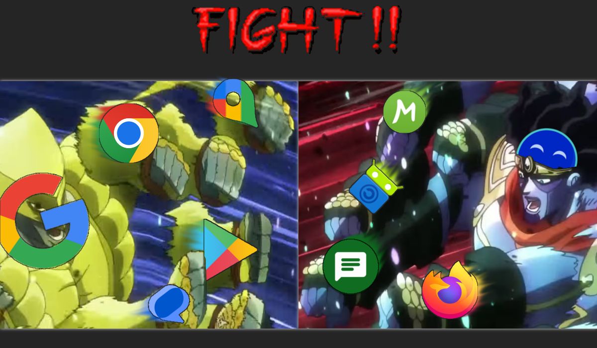Dwie masywne, humanoidalne postacie z anime Jojo's Bizarre Adventure okładające się pięściami. Na twarz i pięści jednego z nich nałożono ikony aplikacji Google, a na pięści drugiego ikony kilku aplikacji niezależnych. Nad nimi widać czerwony napis Fight (po angielsku: walka).