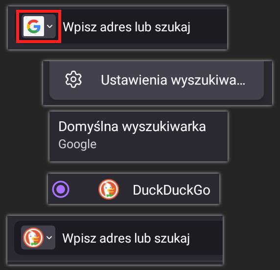 Zrzuty ekranu pokazujące po kolei, jak zmienić domyślną wyszukiwarkę z Google na DuckDuckGo