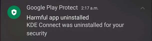 Komunikat od aplikacji Google Play Protect mowiący, że usunął aplikację KDE Connect, którą uznał za szkodliwą.