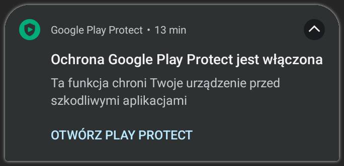 Powiadomienie smartfonowe mówiące, że Ochrona Google Play Protect jest włączona i chroni przed szkodliwymi aplikacjami