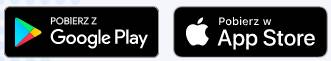 Dwa przyciski ustawione obok siebie. Jeden zawiera napis 'Pobierz przez AppStore', a drugi: 'Pobierz przez PlayStore'.