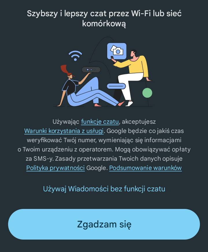 Komunikat od Google pokazujący uśmiechnięte rysunkowe postacie w stylu alegria art oraz tekst mówiący, że włączenie czatu wi-fi przyniesie korzyści, ale wymaga udostępnienia informacji. Pod spodem widać dwie klikalne opcje.