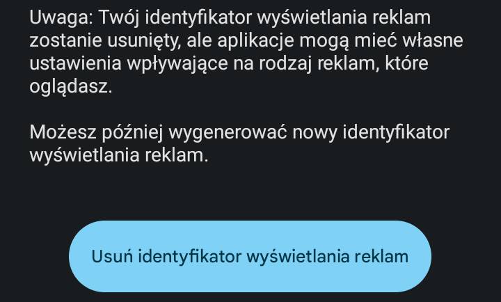 Zrzut ekranu pokazujący opcję usuwania identyfikatora reklamowego