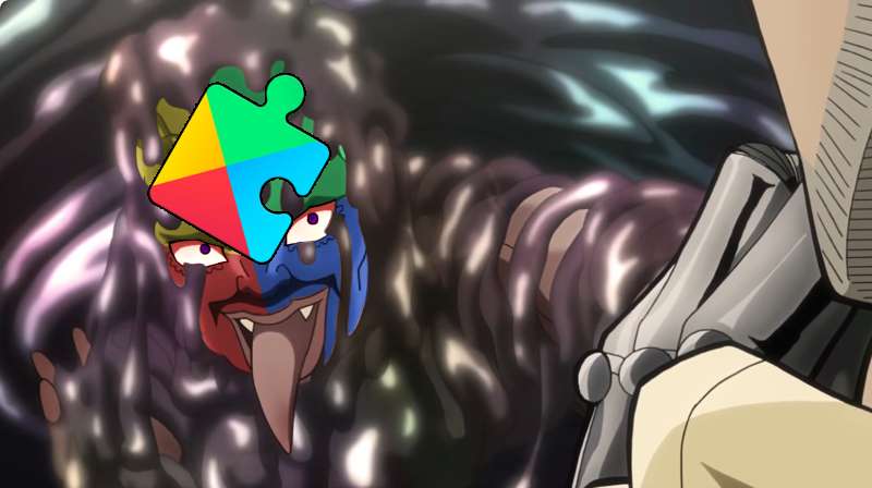 Kadr z anime Jojo's Bizarre Adventure, pokazujący brzydką twarz z szyderczą miną, wynurzającą się ze smoły i pokazującą język. Ma cztery kolory, takie jak logo Google (czerwony, zielony, żółty, niebieski), a na jej czoło nałożono logo Usług Google Play.