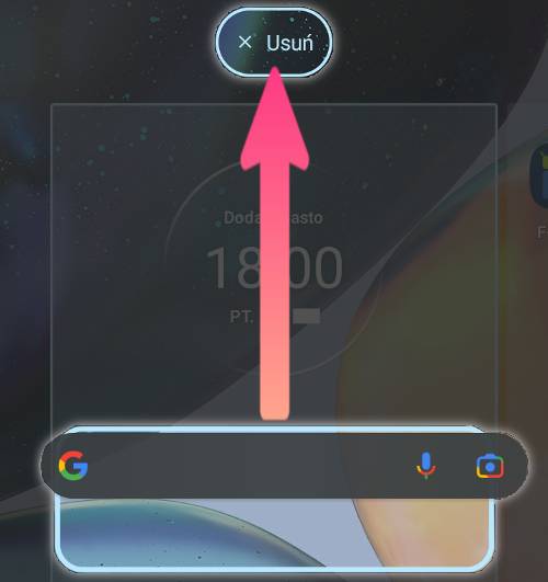 Ekran główny smartfona, na którym jaskrawszymi barwami wyróżniono dwa elementy. Jeden z nich to widżet od Google. Drugi to ikona z napisem Usuń w górnej części ekranu. Są połączone jaskrawą strzałką