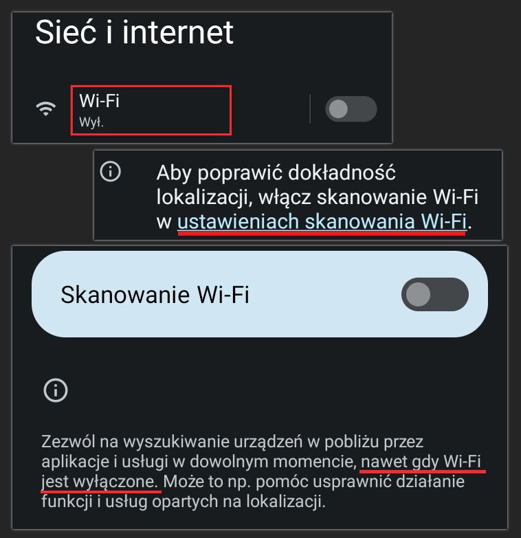 Zrzuty ekranu pokazujące kolejne etapy wyłączania skanowania Wi-Fi. Na pierwzym zaznaczono czerwoną ramką pole podpisane Wi-Fi w opcjach. Na drugim widać link prowadzący do ustawień skanowania. Na ostatnim widać sam przełącznik od skanowania hotspotów oraz zaznaczoną informację o tym, że działa nawet przy wyłączonym samym Wi-Fi.