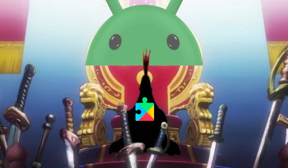 Kadr z anime One Piece pokazujący ciemną postać z wysoką koroną siedzącą na tronie. Na górną część tronu nałożono logo Androida, a na postać logo Usług Google Play.
