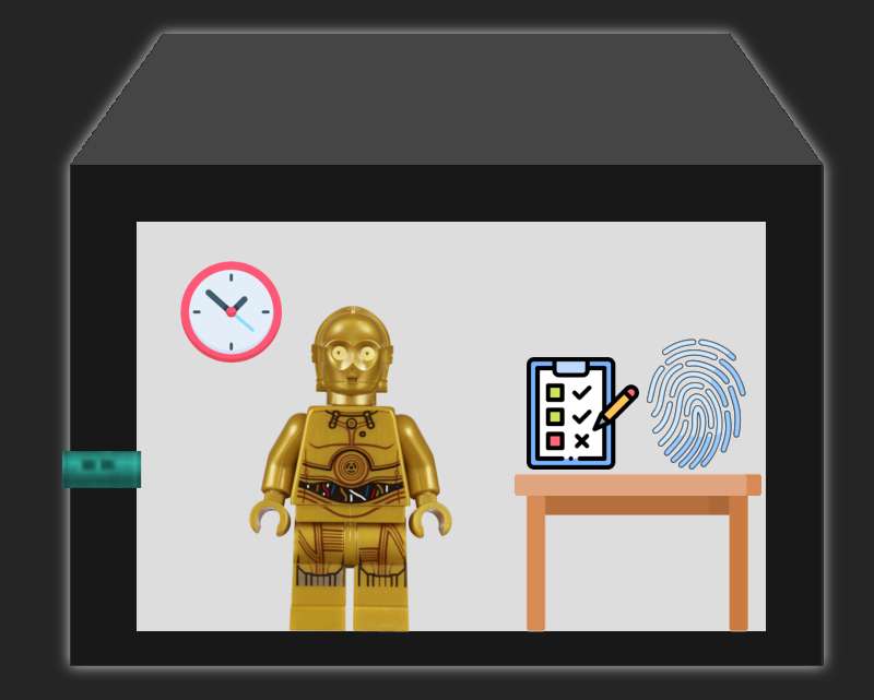 Schemat pokazujący enklawę jako czarną skrzynkę w przekroju poprzecznym. Po lewej stronie widać rurę łączącą ją z otoczeniem. Na ścianie wisi zegar, a w rogu stoi stół, na którym leżą: przedmiot przypominający odcisk palca oraz notes z listą. Niektóre punkty zawierają przy sobie zielone haczyki, a przy ostatnim stoi czerwony krzyżyk. Pośrodku stoi robot C3PO z klocków Lego, symbolizujący program obsługujący enklawę.