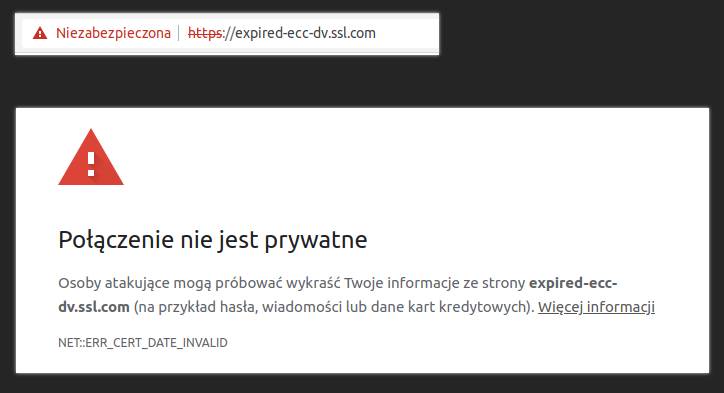 Zrzut ekranu pokazujący komunikat ostrzegający przed nieważnym certyfikatem i mówiący, że połączenie nie jest zaufane.