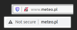 Zrzuty ekranu dwóch pasków przeglądarki. Po lewej stronie w obu przypadkach widać informację o brazku zabezpieczeń. W pierwszym przypadku to kłódka przekreślona czerwonym krzyżykiem, w drugim zwykły napis 'Not secure'.