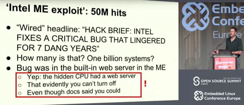Zdjęcie pokazujące prelegenta i slajd z jego prezentacji. Czerwona ramka dodana przeze mnie otacza informacje o tym, że Management Engine ma własny mały serwer, przez który da się włamać.