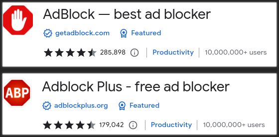 Dwa zrzuty ekranu ze strony Chrome Web Stroe, pokazujące ikony obu dodatków, a przy każdym z nich ocenę ponad 4 gwiazdek na 5 oraz informację, że jest używany przez ponad 10 milionów użytkowników.