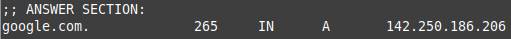 Fragment odpowiedzi otrzymanej od DNS-a. Posiada ona nagłówek 'Sekcja odpowiedzi', a pod spodem widać jedną linijkę tekstu. Na jej końcu znajduje się adres IP, złożony z czterech liczb rozdzielanych kropkami