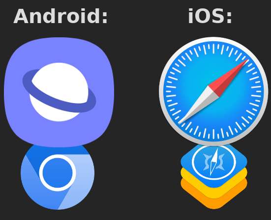 Ikony przeglądarek z dwóch systemów. Po lewej stronie, pod napisem Android, mamy dużą ikonę przeglądarki Samsunga, a pod nią małą ikonę Chromium. Po prawej, pod napisem iOS, mamy dużą ikonę Safari opartą na małej ikonie silnika WebKit.