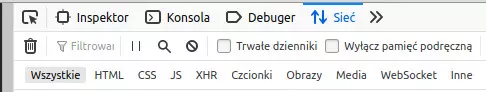 Górny pasek narzędzi przeglądarki Firefoksa z zaznaczoną opcją 'Sieć'