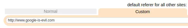 Menu Referer Controla z ustawioną opcją Custom i wpisanym tekstem google-is-evil.com.