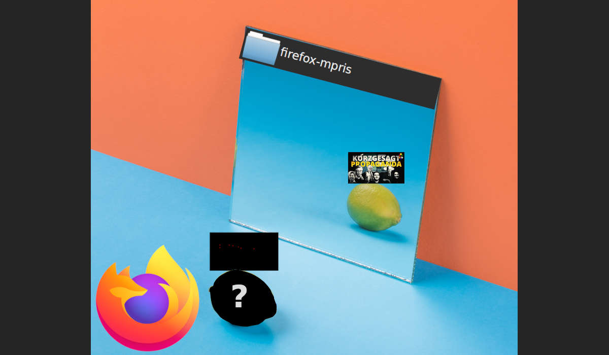 Zdjęcie cytryny odbijającej się w lustrze. Jej oryginał to czarny kontur ze znakiem zapytania, stojący obok loga Firefoksa. W lustrze podpisanym firefox-mpris odbija się jej prawdziwa postać, na którą nałożono miniaturkę filmu.
