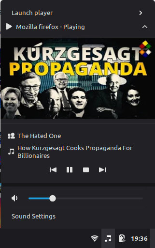Zrzut ekranu pokazujący kontrolkę odpowiedzialną za głośność. Nad nią wyświetla się tytuł filmu 'Czy Kurzgesagt tworzy propagandę dla miliarderów?', a także miniaturka przedstawiająca mężczyzn w garniturach