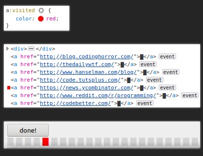 Trzy małe fragmenty zrzutów ekranu. Pierwszy pokazuje fragment arkusza CSS i ustawiony kolor czerwony dla odwiedzonych linków. Drugi pokazuje linki, jeden pod drugim, z których każdy ma jako tekst pojedynczy znak wypełnionego prostokąta. Ostatni pokazuje, jak to wygląda na stronie