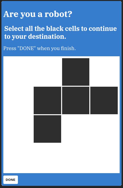 Zrzut ekranu pokazujący na niebieskim tle napis (po angielsku): 'Czy jesteś robotem? Wybierz czarne pola, żeby przejść dalej'. Niżej widać siatkę 16 białych lub czarnych kwadratów