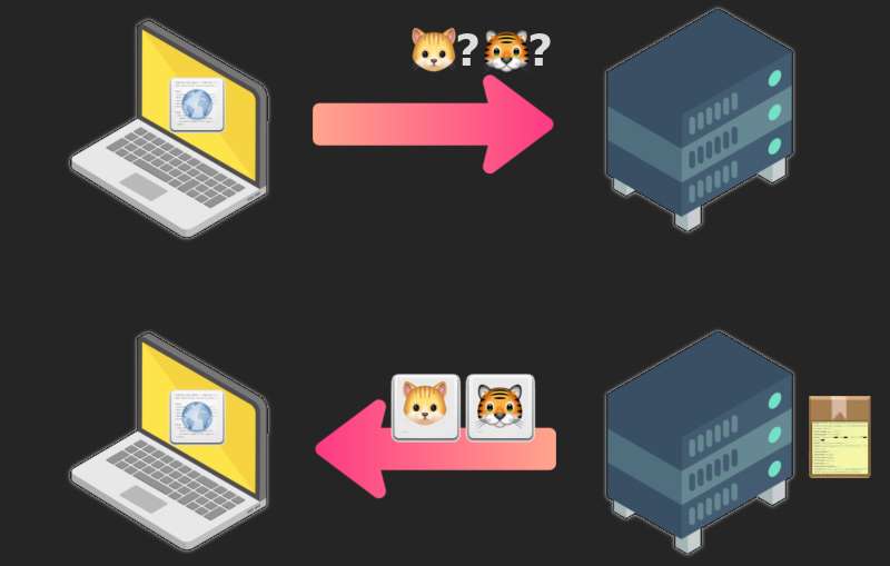 Schemat pokazujący dwie interakacje. W tej u góry odchodzi strzałka, nad którą widać miniaturkę emoji kota, a po nim znak zapytania. Obok jest emotka tygrysa, po niej również znak zapytania. Pod spodem widać strzałkę odchodzącą od serwera. Nad nią również są obie wspomniane ikonki, ale na białym tle, jak to z ikonek plików na komputerze.
