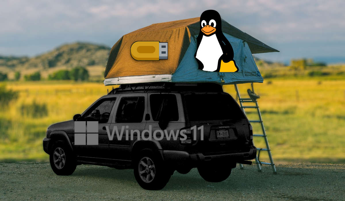 Przeróbka zdjęcia pokazującego namiot na dachu dużego samochodu. Na namiocie widać symbole pendrive'a i Linuksa, zaś samochód, z napisem Windows 11, jest przyciemniony i wygaszony