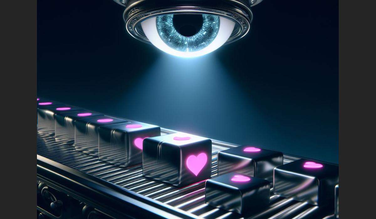 Mechaniczne oko spogląda na taśmociąg, którym jadą metalowe pudła w różnych rozmiarach z różowymi sercami na ściankach