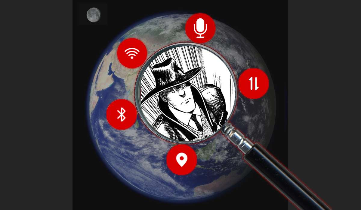 Planeta Ziemia, na którą nałożono zdjęcie lupy. W jej powiększeniu widać postać z mangi w płaszczu i kapeluszu. Wokół lupy widać proste czerwone ikonki odpowiadające funkcjom telefonu: mikrofonowi, Wi-Fi, Bluetoothowi, internetowi oraz GPS-owi.