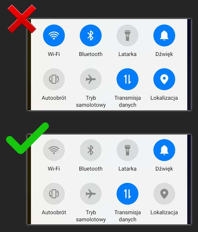 Dwa zrzuty ekranu, jeden pod drugim, pokazujące ikony odpowiadające za włączanie różnych funkcji na smartfonie. U góry, przy obrazku oznaczonym czerwonym krzyżykiem, większośc czujników jest włączona. U dołu, przy obrazku oznaczonym zielonym znaczkiem OK, włączony jest tylko internet mobilny.