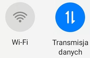 Dwie ikony umieszczone obok siebie. Jedna na szaro, nieaktywna, podpisana Wi-Fi. Aktywna na niebiesko, podpisana Dane Mobilne