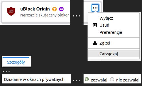 Kolaż ze zrzutów ekranu, pokazujący po kolei, jakie opcje należy kliknąć, żeby uBlock Origin działał w trybie prywatnym
