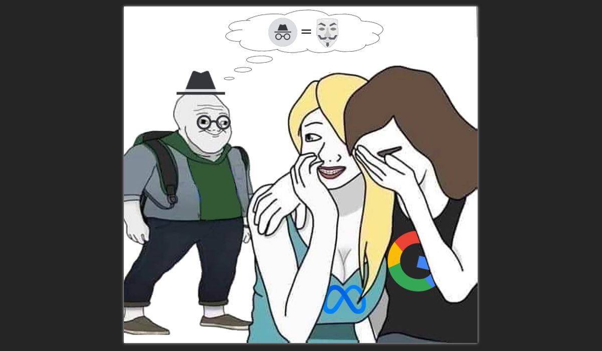 Przeróbka mema. Dwie dziewczyny śmieją się z chłopaka w kapelusiku i okularkach z ikony trybu incognito. Na koszulki dziewczyn nałożono loga Google i Mety.