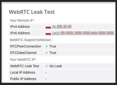 Zrzut ekranu pokazujący fragment interfejsu BrowserLeaks. Wyświetlają się dwa adresy IP w różnych formatach, przy każdym widnieje polska flaga. Informacje poniżej mówią, że nie wykryto wycieku.