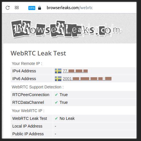 Zrzut ekranu z Browserleaks. Pokazuje dwa adresy IP, przy nich szwedzkie flagi, a na dole informację o tym, że nie wykryto żadnego wycieku.