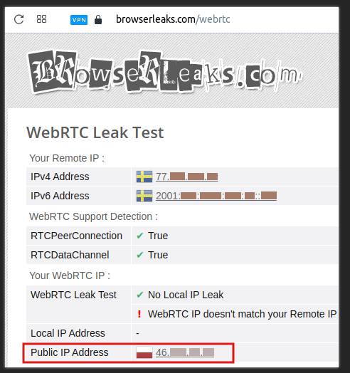 Zrzut ekranu z Opery. U góry widać ikonkę VPN świecącą się na niebiesko. Poniżej widać stronę Browserleaks. Są tam dwa adresy IP ze szwedzkimi flagami, ale na dole znajduje się wzmianka, wyróżniona czerwonym kolorem, że wykryto inny adres IP, niezgodny z tym oficjalnym. To jeden z adresów z poprzedniego przykładu. Obok niego znajduje się polska flaga.