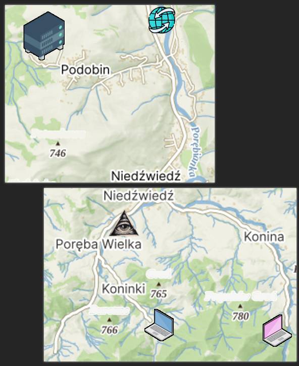 Mapka złożona z dwóch zrzutów ekranów ułożonych blisko siebie. Górny pokazujące drogę z południa na północ. Na północy widać ikonę kuli ziemskiej, po której latają strzałki, a na południu jest miejscowość Niedźwiedź. Od głównej drogi odbija na bok mniejsza, do wioski Podobin. Nałożono na nią ikonę serwera. Na dolnej mapce, w miejscowości Niedźwiedź, droga się rozwidla. Jej prawa odnoga kończy się ślepym zaułkiem, na który nałożono ikonę laptopa z różowym ekranem. Lewa odnoga idzie przez miejscowość Poręba Wielka, mijając ikonę wszechwidzącego oka, po czym się rozwidla na dwie drogi. Na końcu jednej z nich jest ikona laptopa z niebieskim ekranem.