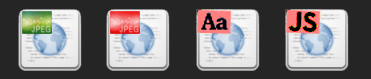 Cztery ikony odpowiadające stronom internetowym. Każda z nich ma w lewym górnym rogu niewielki element. Kolejno od prawej: zielony obrazek, czerwony obrazek, literki A na czerwonym tle (małą i wielką), skrót JS od nazwy JavaScript.