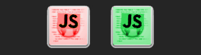 Dwieikony. Identyczne, poza tym że jedna jest czerwona, a druga zielona. Pośrodku każdej z nich znajduje się skrót JS, od JavaScript.