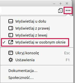 Zrzut ekranu z narzędzi przeglądarki, pokazujący rozwinięte menu i wybraną opcję otwierania w osobnym oknie.