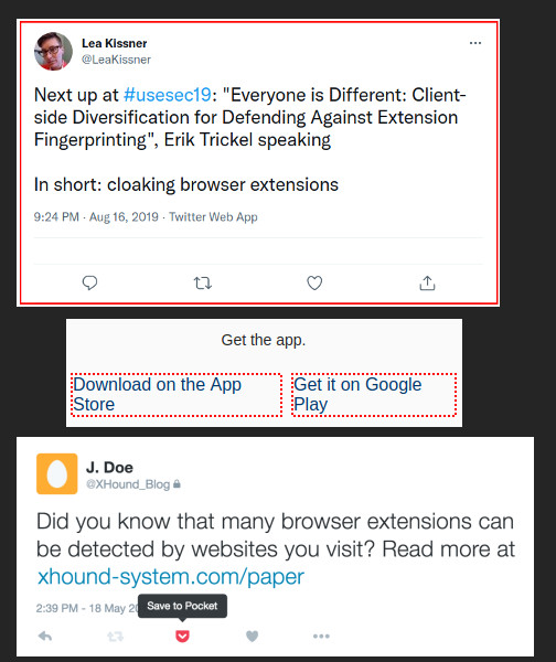 Trzy zrzuty ekranu pokazujące efekt działania dodatków. U góry widać komentarz otoczony czerwoną ramką, pod nim linki do pobrania aplikacji, które zamiast obrazków mają czerwone przerywane obwódki. Na dole tweet z dodanym przyciskiem pozwalającym go zapisać w aplikacji Pocket.