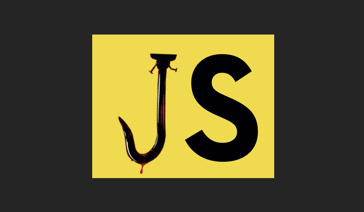 Obrazek pokazujący logo JavaScriptu, czarne literki J i S na żółtym tle. Literkę J podmieniono na czarny hak o podobnym kształcie, z którego właśnie skapuje kropla krwi.