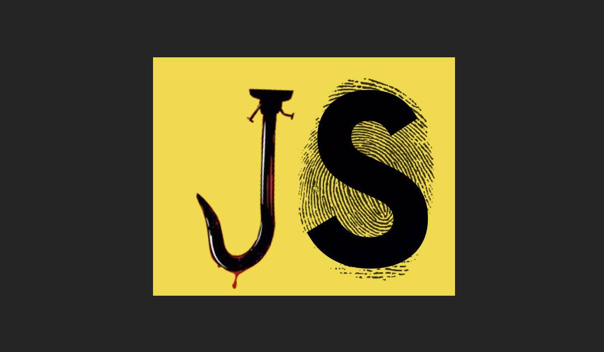 Czarne litery J i S na żółtym tle, logo języka JavaScript. Literę J przerobiono tak, że wygląda jak czarny hak, z którego kapie krew. Z kolei litera S znajduje się na tle wielkiego odcisku palca.