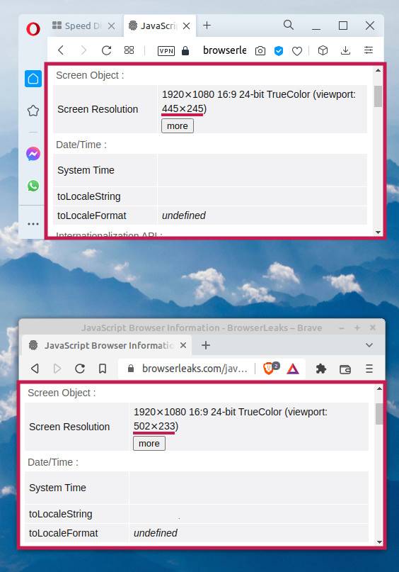Dwa okna w małych, prawie identycznych rozmiarach ustawione jedno pod drugim, na tle tapety ze szczytami gór. Pierwsze należy do Opery, drugie do Brave'a. W obu wyświetla się ta sama strona z informacjami o rozmiarach ekranu. Widać, że więcej pikseli zdaniem strony ma okno Brave'a.