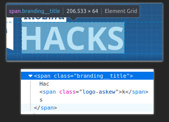 Zrzut ekranu pokazujący ekran przeglądarki. Widać tam napis HACKS. Pod spodem widać narzędzia przeglądania, ukazujące że literka K jest otoczona osobnymi tagami.