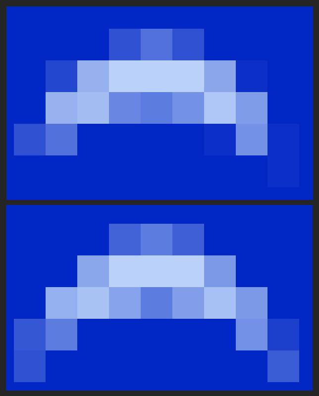 Zbliżenia na oko emotki z loga strony. Widać na nich poszczególne piksele i widać, że te na brzegach oczu różnią się od siebie.