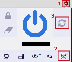 Zrzut ekranu z okna dodatku uBlock Origin. Czerwonymi ramkami oznaczono trzy elementy. Numerem jeden podpisano ikonę dodatku na górnym pasku, numerem dwa przekreśloną ikonkę, numerem trzy ikonkę ze strzałkami, standardowo oznaczającą odświeżenie strony.