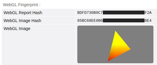 Zrzut ekranu pokazujący fragment tabelki ze strony BrowserLeaks, zawierającej dwa częściowo zakryte hasze, a pod nimi żółto-pomarańczowy trójkąt na szarym tle, użyty do zbadania możliwości przeglądarki